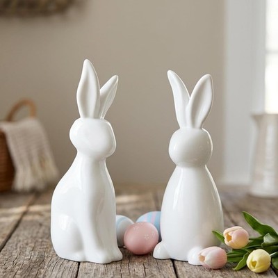 2 Pack Easter Rabbit Statues, Elegant Bunny Figurines for Easter Decorations, Wh