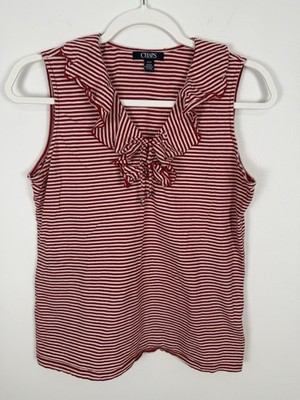 Chaps Red Striped Sleeveless Top Ruffled Nautical Patriotic Preppy Size Large