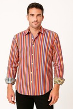 Robert Graham L Button Stripe Shirt Classic Fit Multi Color Contrast Flip Cuff