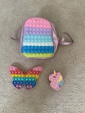 Lot Of 3 Rainbow Fidget Pop It Backpack, Unicorn Change Purse And Butterfly