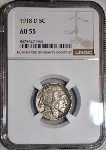NGC AU-55 1918-D Buffalo Nickel, Superbly Struck, Lustrous, Scarce Date!