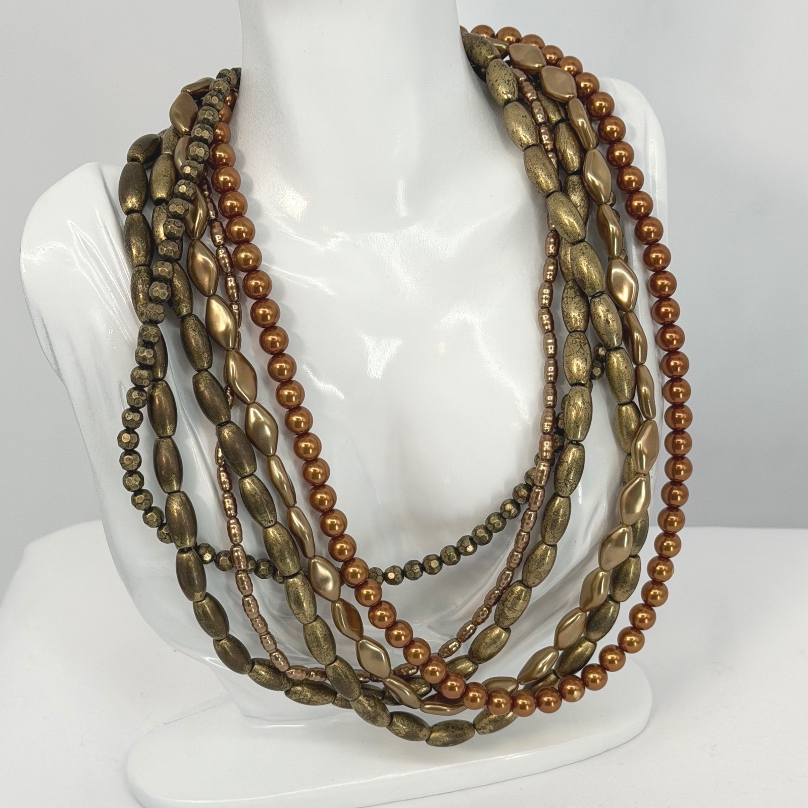Bronze Copper Multi Strand Beaded Statement Neckl… - image 10