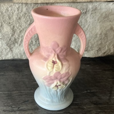 Vintage Hull Pink/White Orchid Floral Matte Ceramic Double Handle 5  Vase