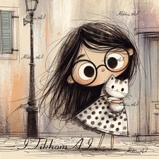 Digital Art Pictures Drawing Girl Cat Illustration Wallpaper Desktop Background