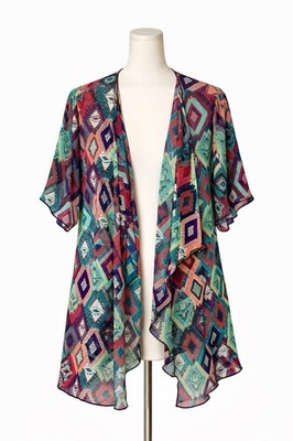 LuLaRoe Shirley Kimono S Purple Teal Geometric Diamond Print Boho Duster