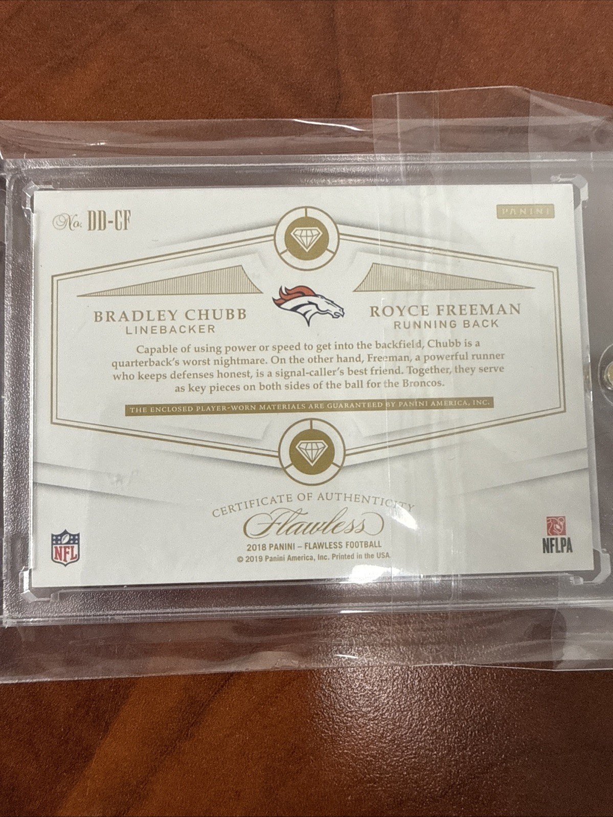 2018 Panini Flawless Dual NFL Patch 1/1 Bradley Chubb / Royce Freeman One of One view 12