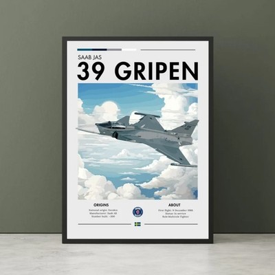 Saab JAS 39 Gripen Print - Swedish Aviation Art, White clouds, Plane Poster