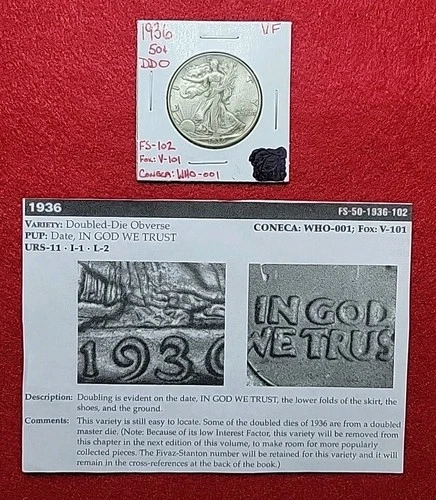 1936 Silver Walking Liberty 50c Half Dollar DDO Doubled Die Obverse FS-102 VF
