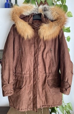 Vintage 90s/00s Italian Suede Parka - Echt Fuchspelz Kapuze - Paisley Futter - 42
