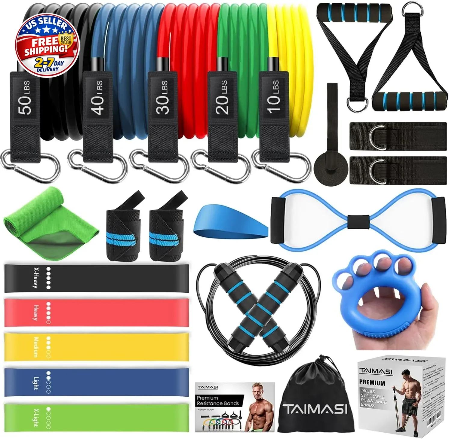 Set Workout Bands, 5 Stackable Exercise Bands With Handle