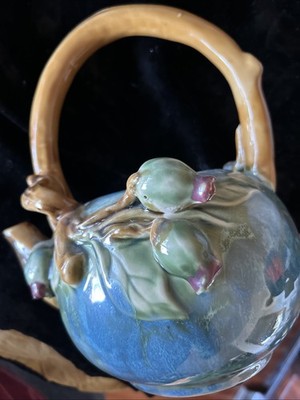 Art Studio Pottery Teapot Arts & Crafts Decor Green Leaves, Fruit 9.5  H