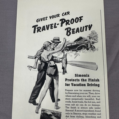 #ad 1937 Simoniz Vintage Car Advertising Print Ad Auto Travel Proof Beauty Fishing $14.75