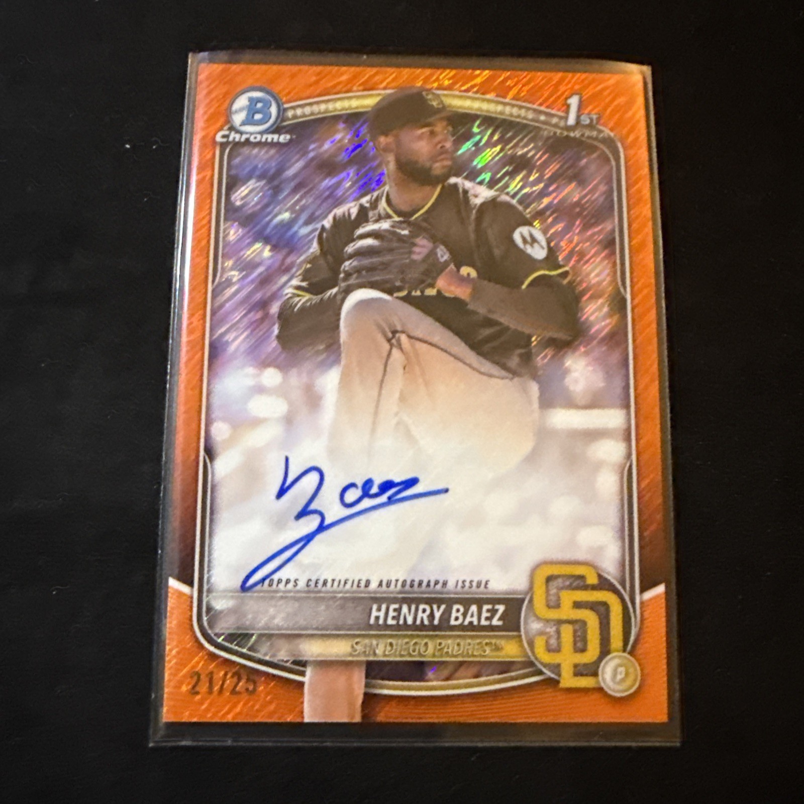 2025 Bowman 1st Chrome Henry Baez Orange Shimmer Refractor Auto 9/25 #CPA-HBA