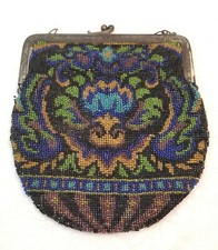 Antique Purse Art Deco Nouveau Glass Seed Beaded Bead Handbag Flower Bold Colors