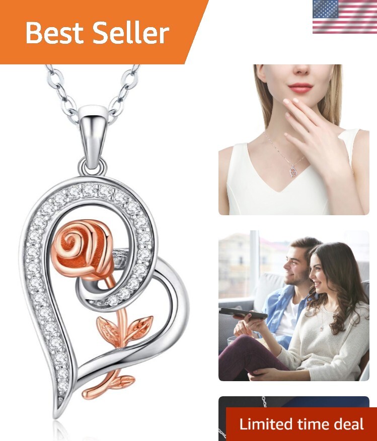 Sterling Silver Heart Rose Necklace - Perfect Valentines & Birthday Gift for Her