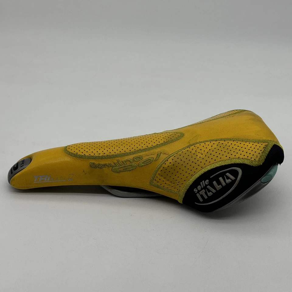 Vintage Selle Italia TRi Matic 2 Yellow Leather Genuine Gel Saddle Bike Seat - Image 3 of 4