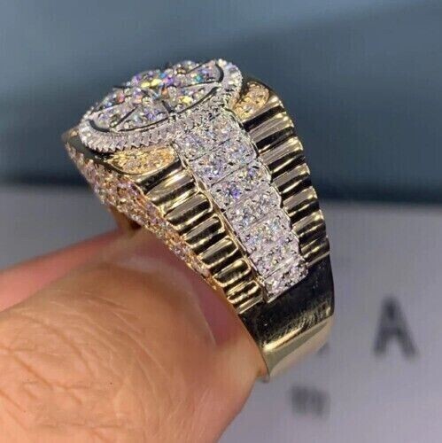 2.00 Ct Round Cut Simulated Diamond Men's Cluster Ring 14K Yellow Gold Plated - Picture 2 of 4