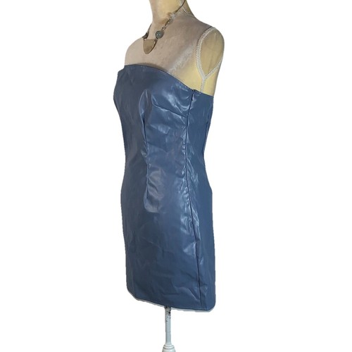 Finesse blue strapless mini dress size Medium faux leather - Picture 3 of 11