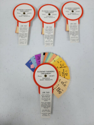 (4) VTG Eugene Farmers Creamery Milk Bottle Extra Order Insert Signal Flag Card