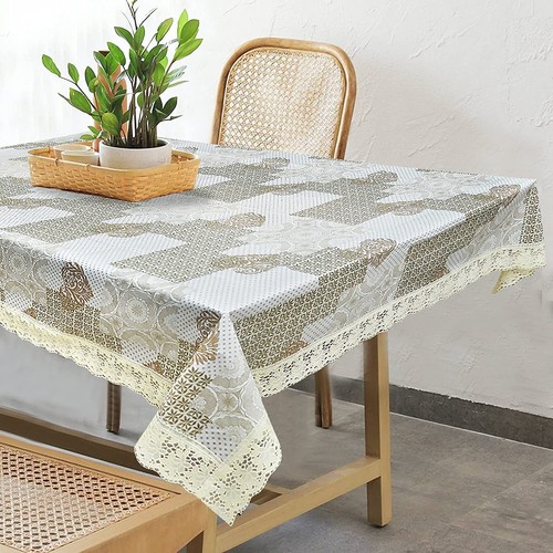 PVC Dining Table Cover 60" X 108" 8 Seater with White Side Trim Lace US - Picture 2 of 4