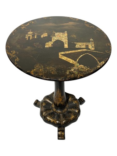 19th Century Ebonized Tilt-Top Table Inlaid with Islamic Landscape - Picture 3 of 14