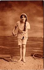 RPPC Pretty Girl Long Hair Braided Studio Posed Beach Scene Tuck Card P.U  A-697