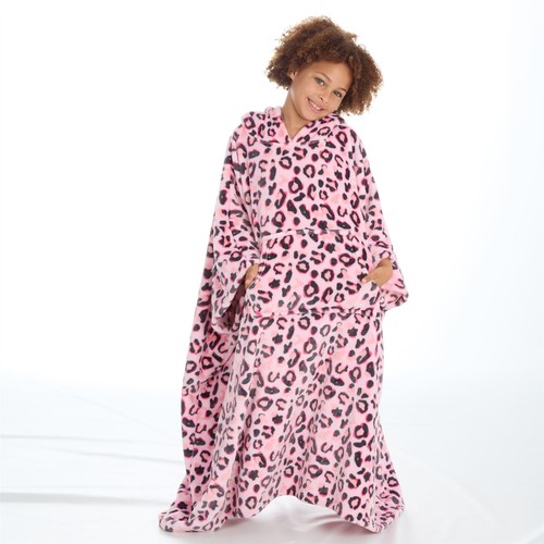 Kids Oversized Poncho Girls Fleece Hooded Pink Leopard Print Robe 7-13 Years - Picture 3 of 13