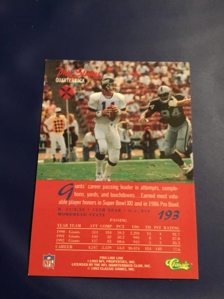 1993 Classic Pro Line Live # 193 PHIL SIMMS New York Giants Football Card - Image 2 of 2