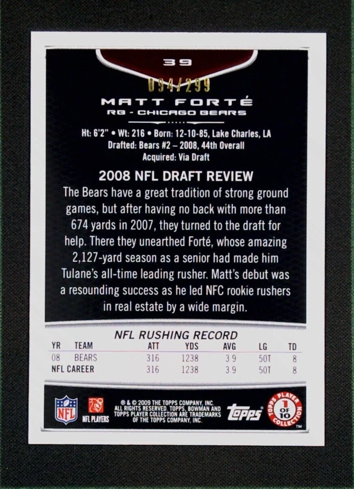 2009 Bowman Chrome Football #39 Matt Forte White Border SP #/299 - Chicago Bears - Image 2 of 3