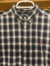 VTG Ralph Lauren Boys L 16/18 Plaid Cotton Long Sleeve Button Down Blue Green