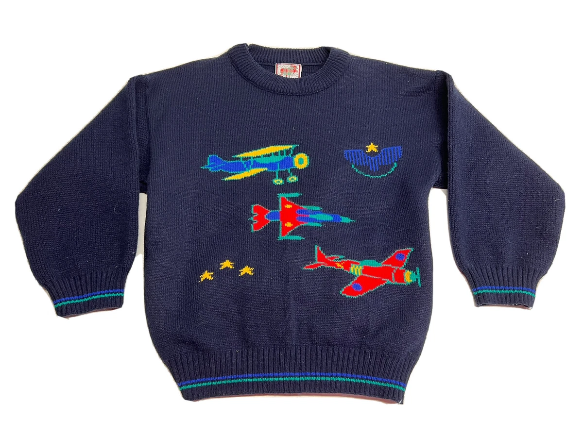 Vtg Plaid Moose Youth Sz L Pullover Sweater Jumper Airplanes Airforce Blue