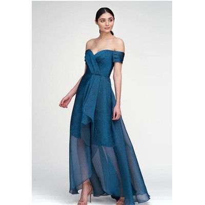 Theia Cecelia High Low Off Shoulder Night Swim Blue Jacquard Gown 8 NEW $745