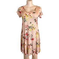 Vtg Y2K Floral Midi Dress Short Sleeve Sz S Pink Jersey Knit Stretch Cottagecore