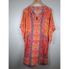 Ruby Yaya Floral Beaded Tunic Dress Coral Pink Boho Viscose Kimono Sleeve M