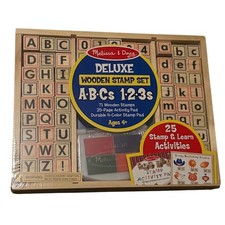 Melissa  Doug Deluxe Wooden Stamp Set ABCs 123s 71 Stamps 25 Page Activity Pad