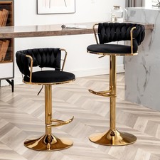 Set of 2 Modern Velvet Bar Stools with Gold Base Adjustable Height for Kitchen.