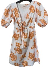 Sim & Sam Tropical Floral Cotton Mini Dress Med Puff Sleeve White Orange Resort