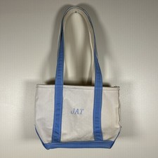 Vintage LL BEAN BOAT  TOTE Canvas Bag Baby Blue Long Handle Zip Top Embroidered