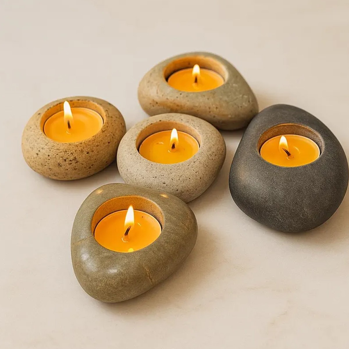 Candle Decor Handmade Pebble Natural River Stone Tealight Ho