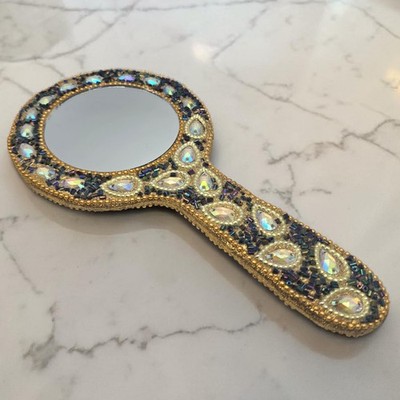Vintage 8'' Blue Gold Beaded & Glass Stone Hand Held Round Mirror India