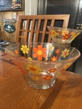 Vintage Mid-Century Modern ANCHOR HOCKING Chip & Dip Bowl Set Flowers Atomic 