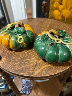 Vintage Glazed Green, Orange and Brown Ceramic Pumpkins (2) Leaves and Stems