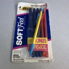 BIC Soft Feel Vintage NIP Cushioned 3 Blue Ink 2 Red Ink Pens Bonus Pencil 1997 