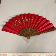 Vintage Wooden and Paper Hand Fan Fold Up 1920-1930s Japan Floral Red - Antique