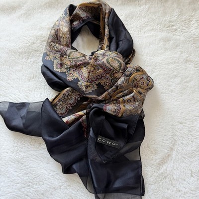 ECHO 100% Silk Scarf 21x78 Paisley Black Brown Burgundy Long Sheer Wrap 