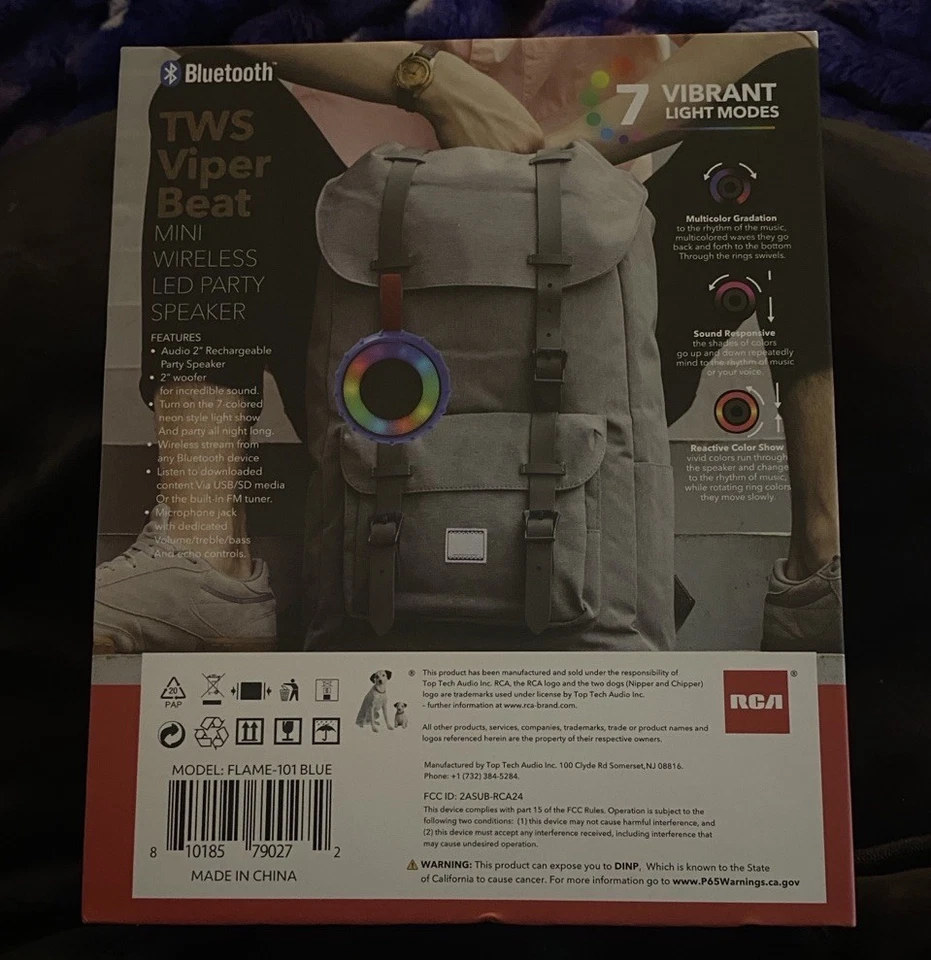 RCA Viper Beat Mini Bluetooth Party Speaker TWS Wireless LED Blue – NEW - Image 2 of 3