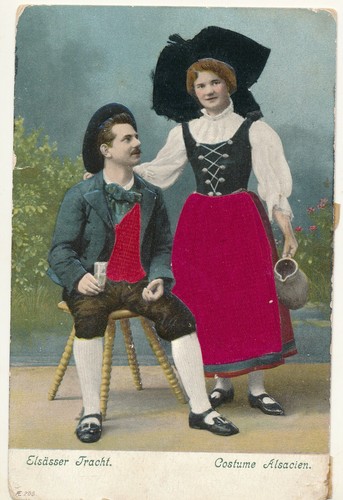 Embroidered embossed post card 1908 - Alsace folk costumes - Elsässer ...
