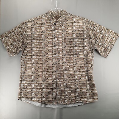 North River Shirt Mens XL Beige Fish Print Short Sleeve Pocket Button Down 