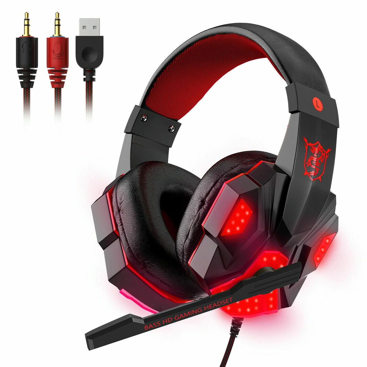 Cascos Gaming, Auriculares Gaming con Microfono, 3,5 mm Jack, Luces LED,  Compatible con PS4 PS5 PC Laptop Switch Xbox Tableta Mobile