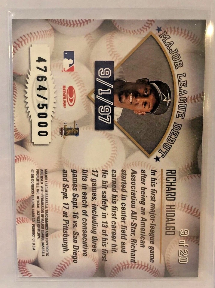 1998 Leaf Rookies & Stars Freshman Orientation 4764/5000 Richard Hidalgo #9 Card - Image 2 of 2